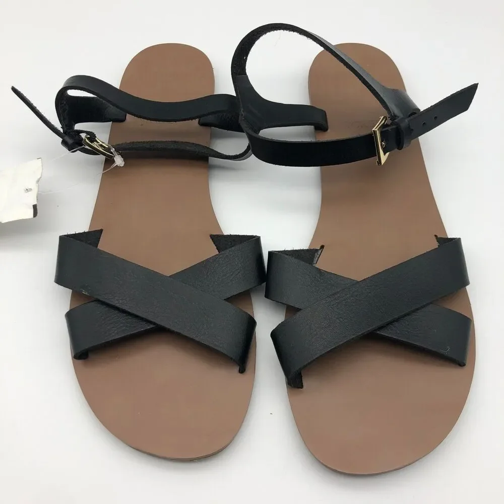 J Crew Sandals Size 9 Black Faux Leather Cross Strap Buckle Close Flat NEW